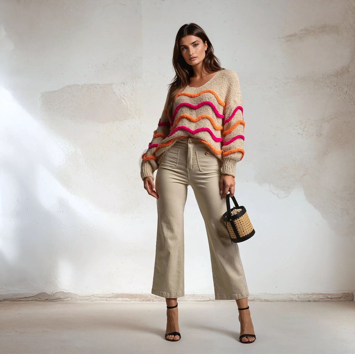 Chunky knit oversized sweater with colorful accents – front view | MARIΓIOÚ