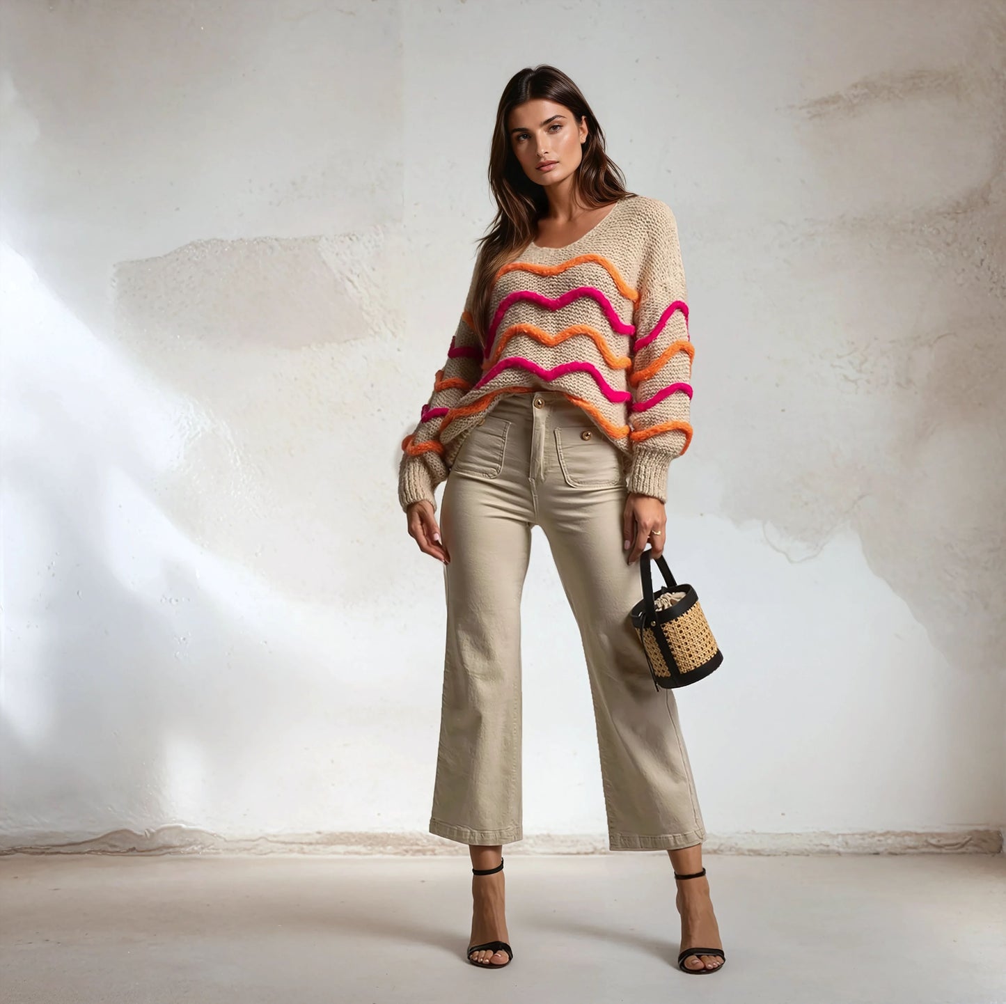 Chunky knit oversized sweater with colorful accents – front view | MARIΓIOÚ