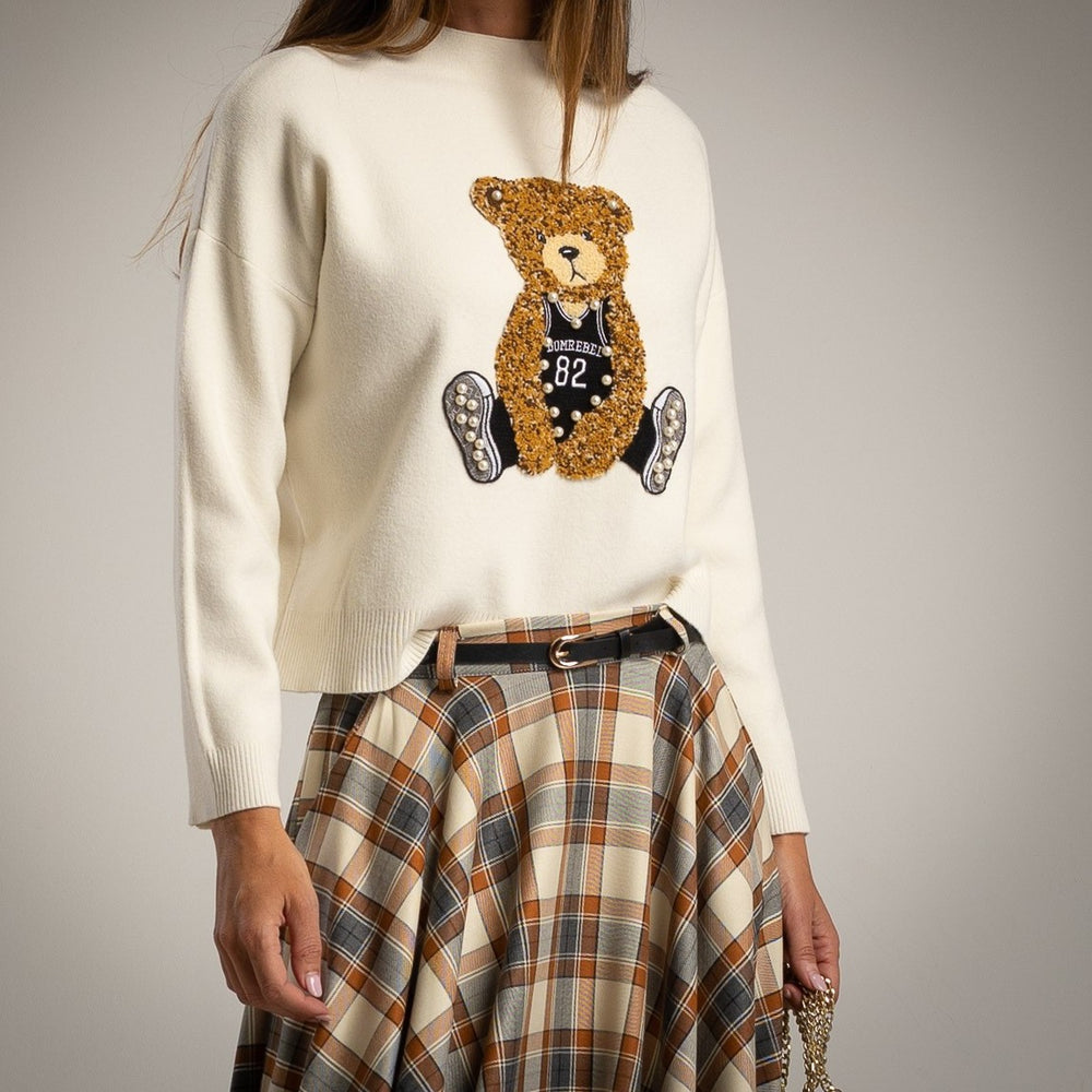 Close-up of teddy bear embroidery with bead details on creme MARIΓIOÚ sweater