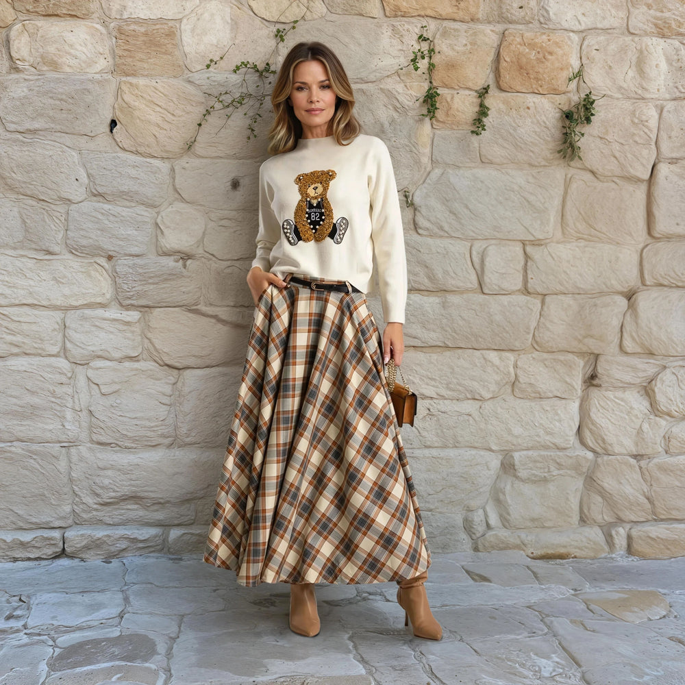 Creme sweater with embroidered teddy bear detail by MARIΓIOÚ – front view