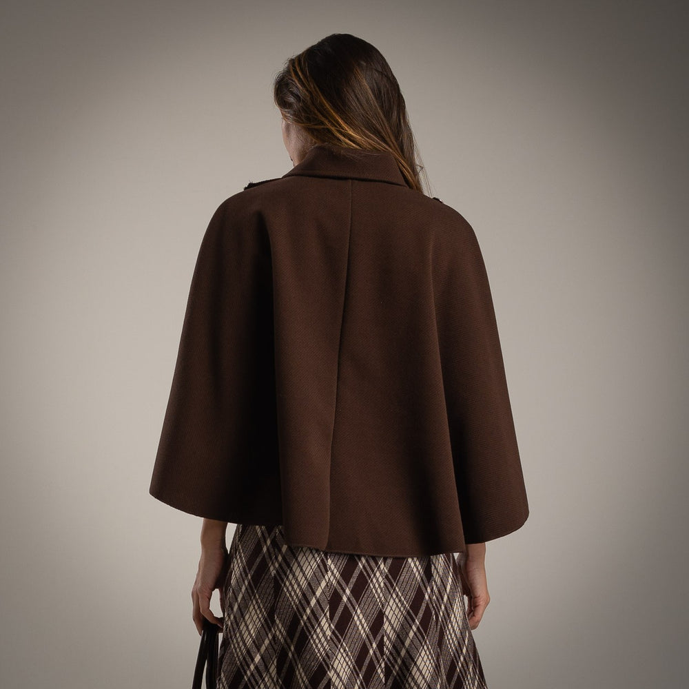 MARIΓIOÚ chocolate cape made in Italy – back view with flowing silhouette