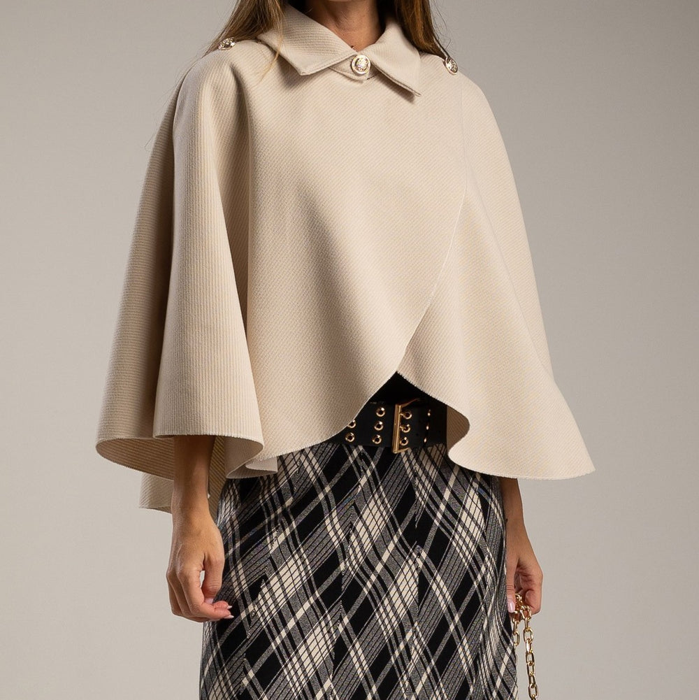 MARIΓIOÚ light beige cape with gold buttons – elegant front view