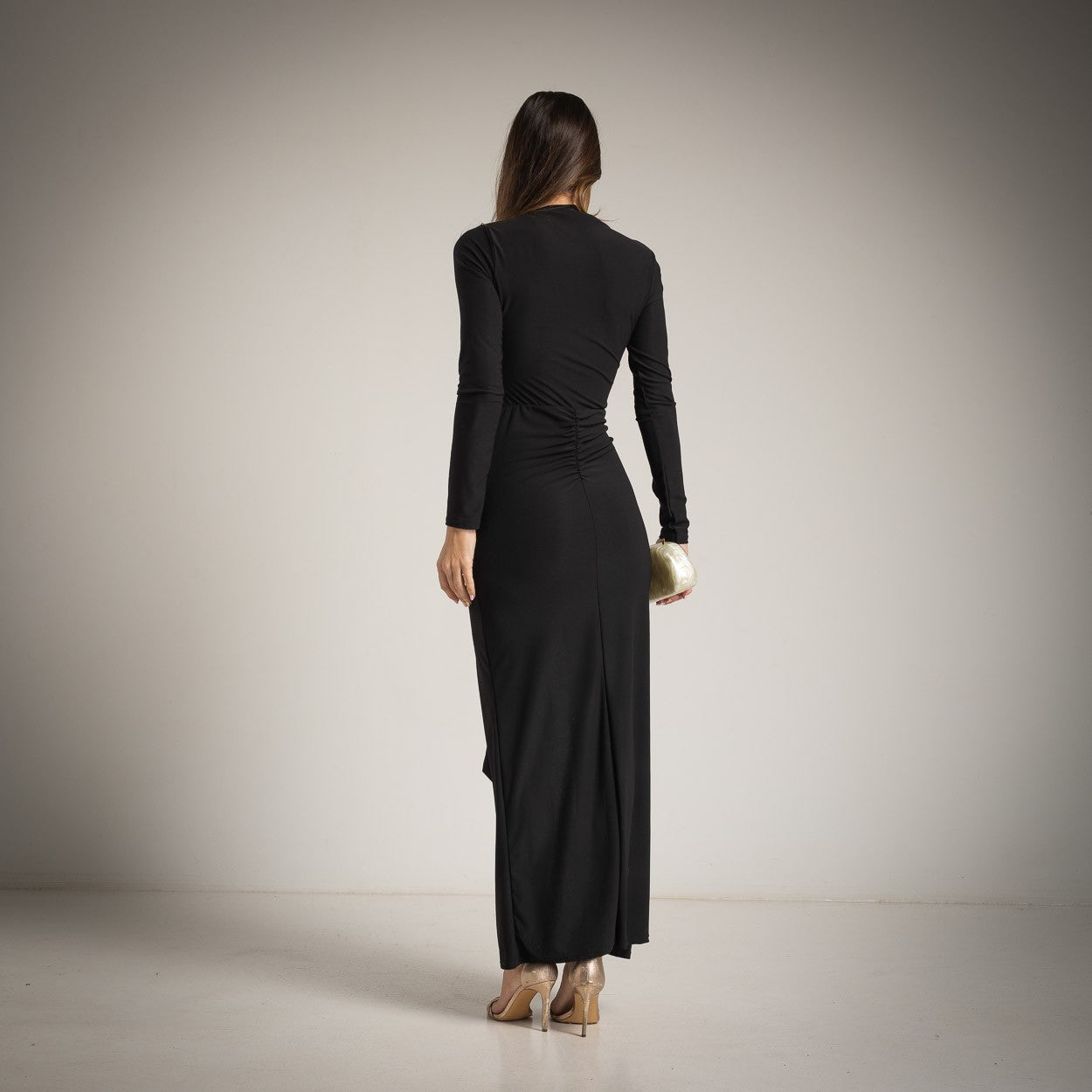 Black elegant draped maxi dress by MARIΓIOÚ, back view