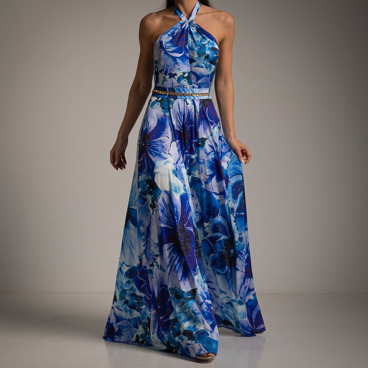 Elegant blue floral maxi dress with halter neckline and belt – front view