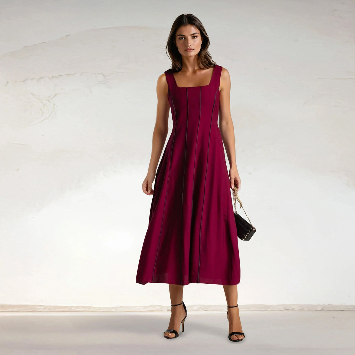 MARIΓIOÚ elegant burgundy midi dress with contrast black lines, viscose blend – front view