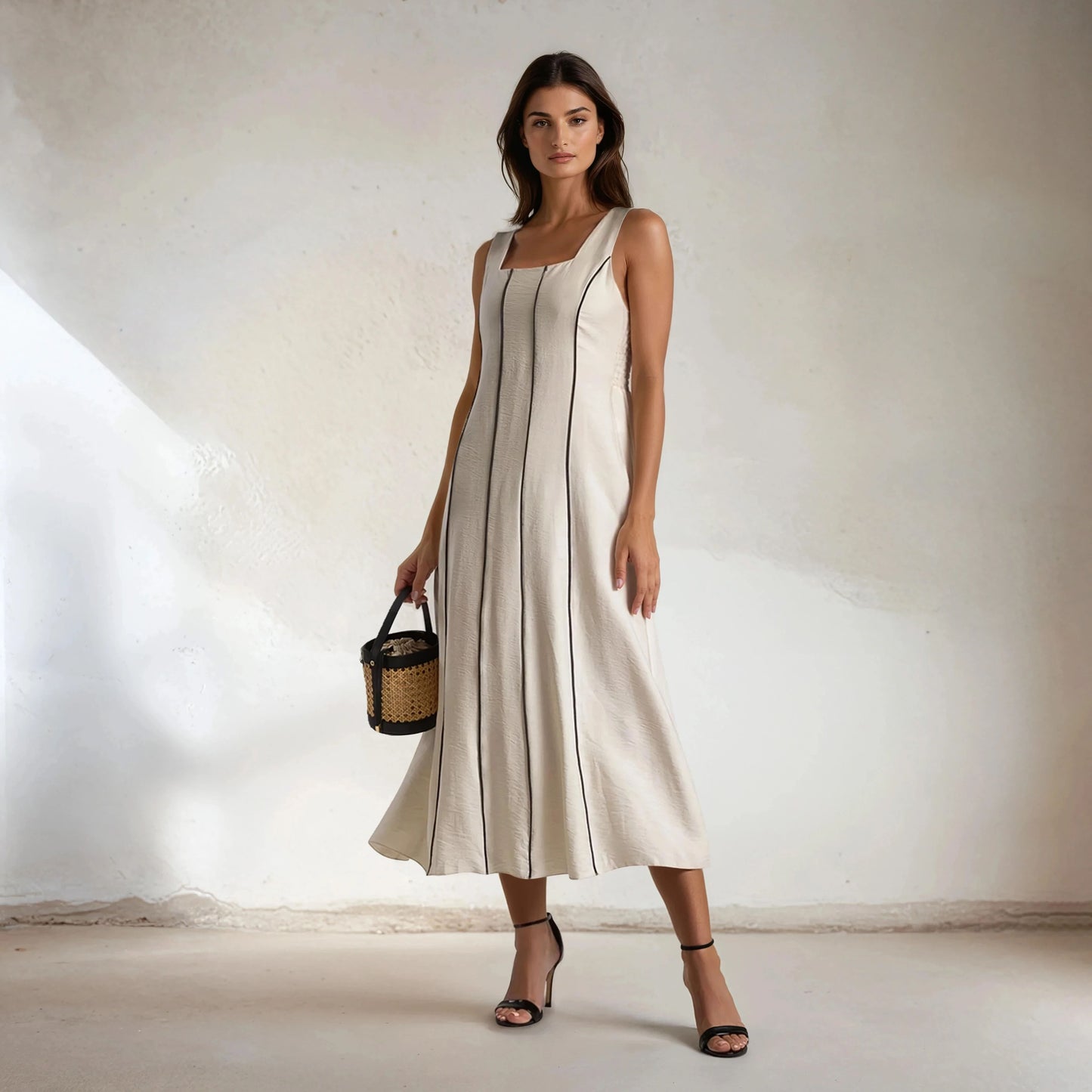 MARIΓIOÚ elegant off white midi dress with contrast black lines, viscose blend – front view
