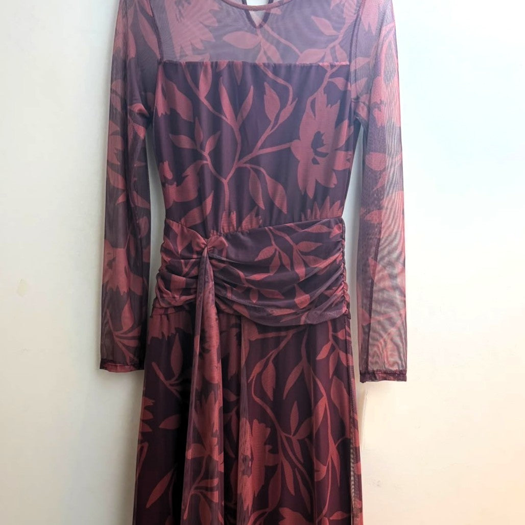 Black Cherry leaf print mesh midi dress with long sheer sleeves and ruched draped waist - front view