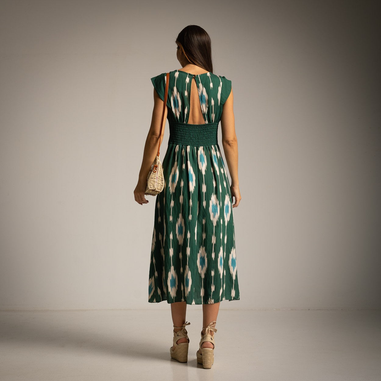 MARIΓIOÚ emerald oasis resort chic ikat midi dress back view