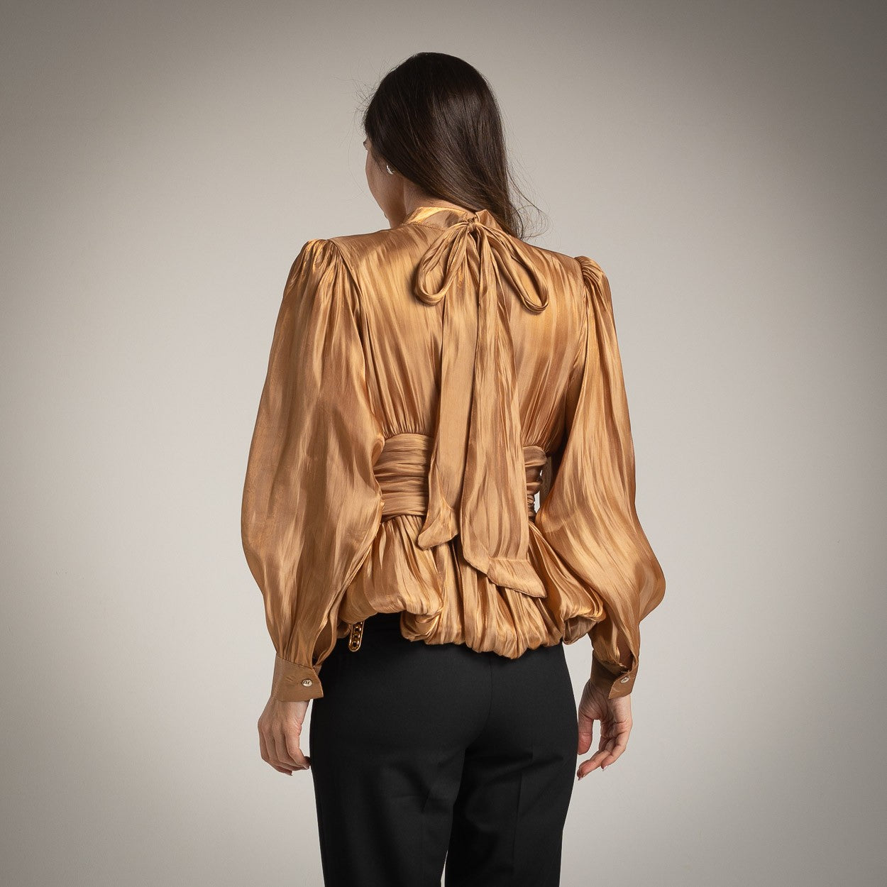 Gold satin festive blouse by MARIΓIOÚ, back view