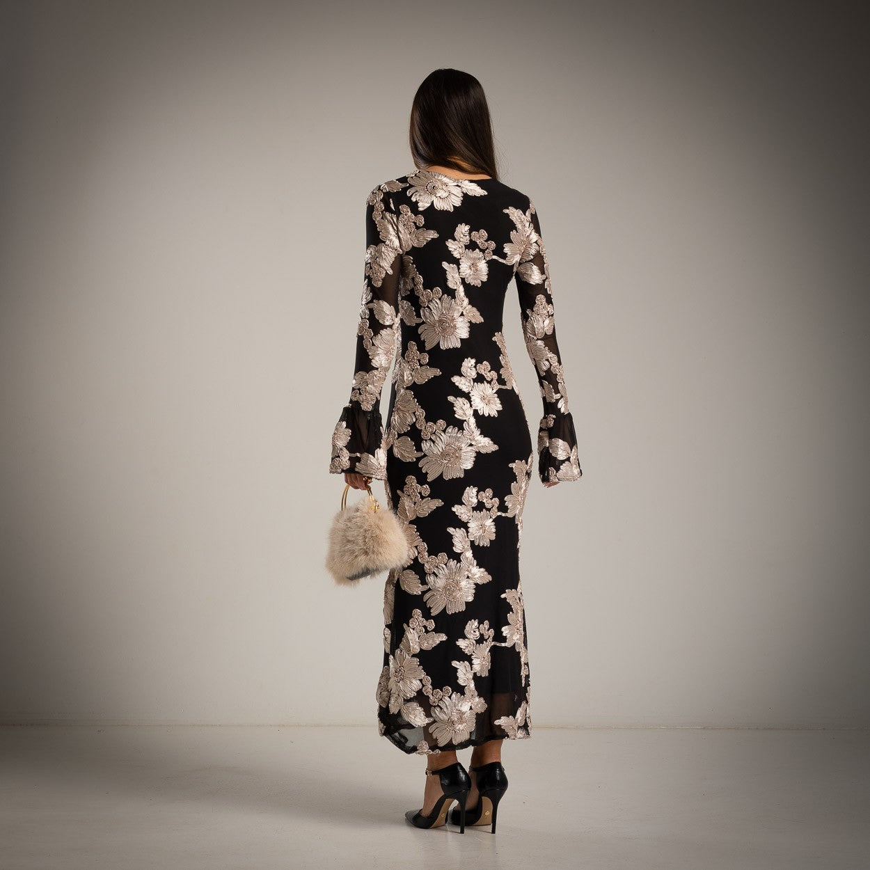 MARIΓIOÚ black tulle maxi dress with floral appliqué – back view