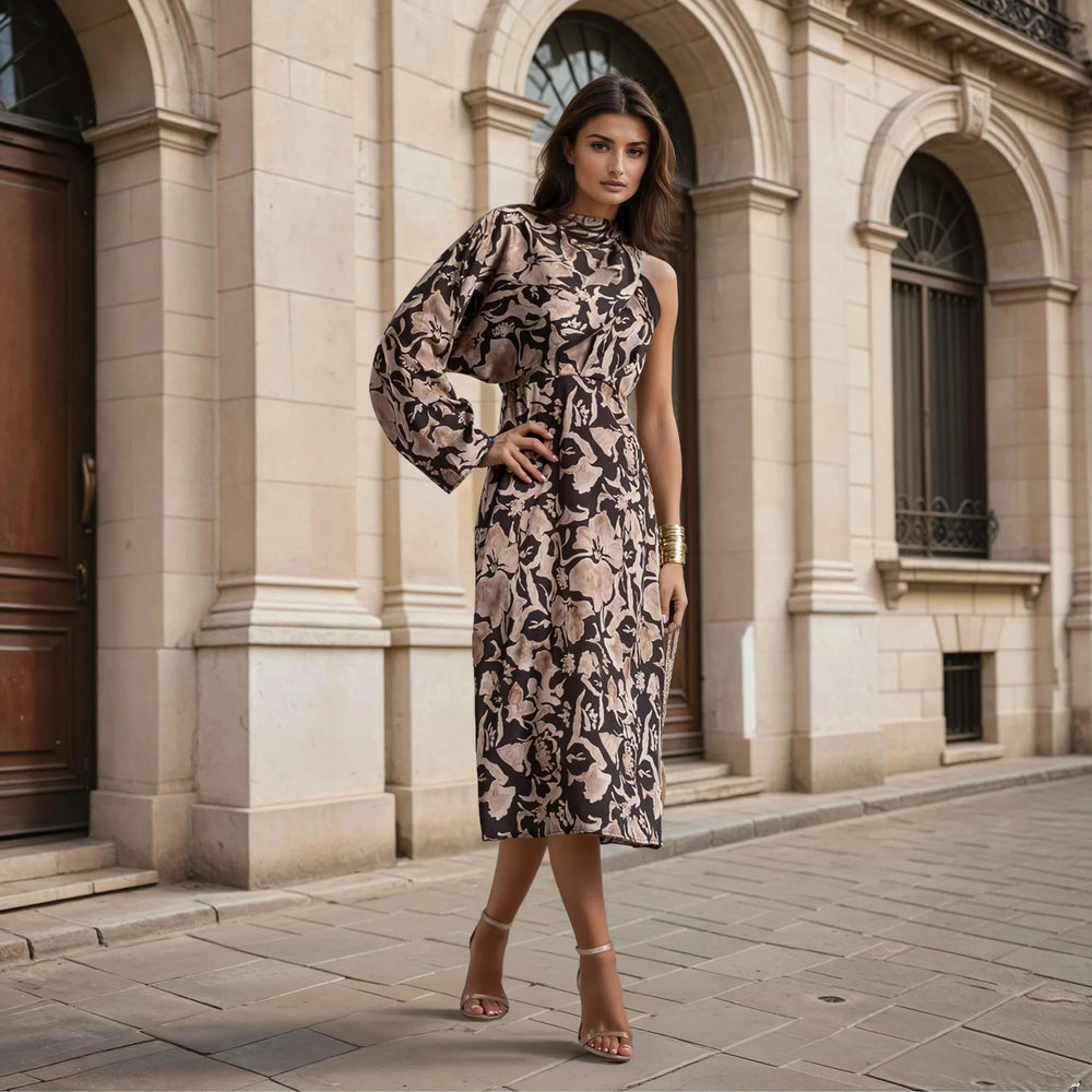 MARIΓIOÚ floral midi dress black with detachable one-shoulder bolero – Autumn 2025 Collection