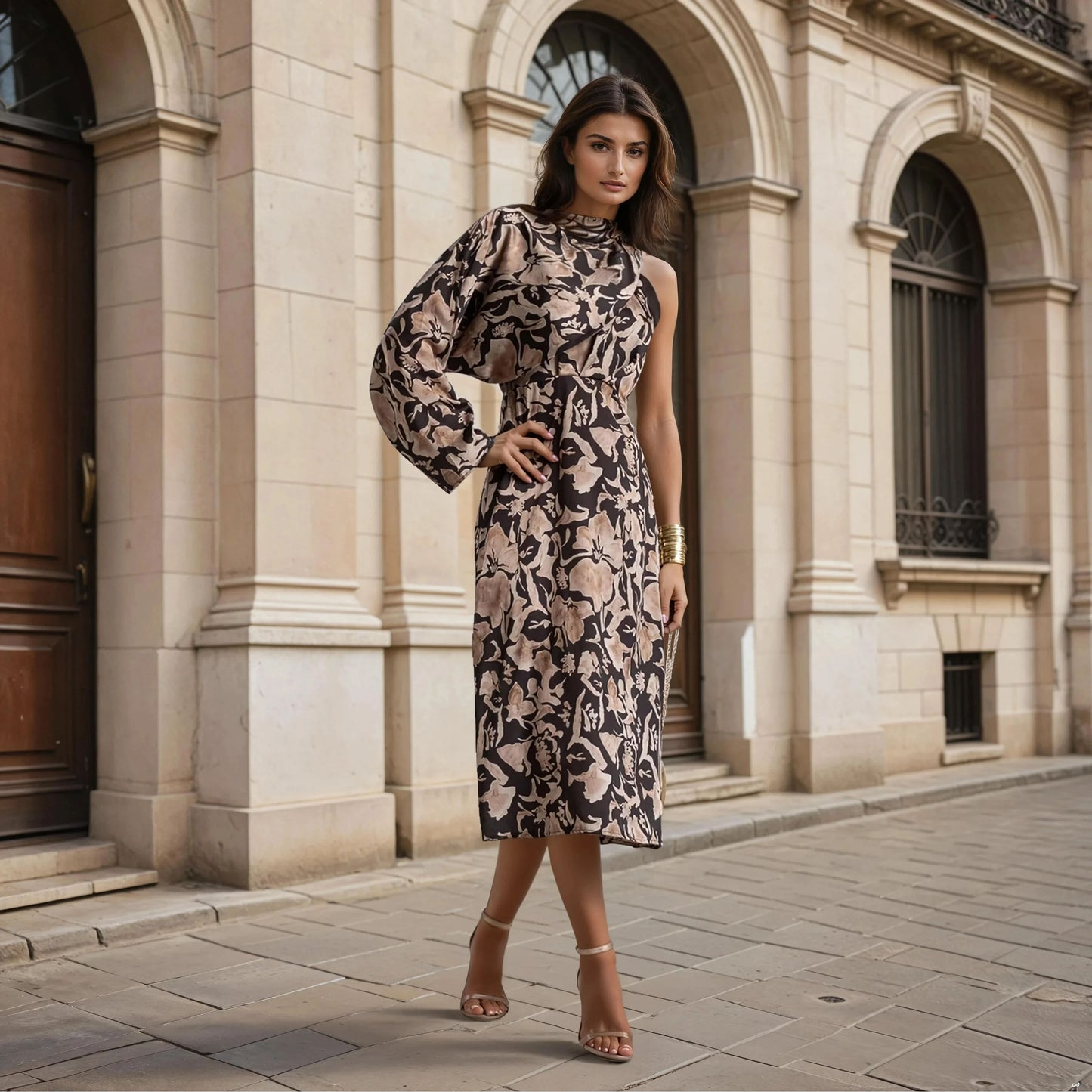 MARIΓIOÚ floral midi dress black with detachable one-shoulder bolero – Autumn 2025 Collection