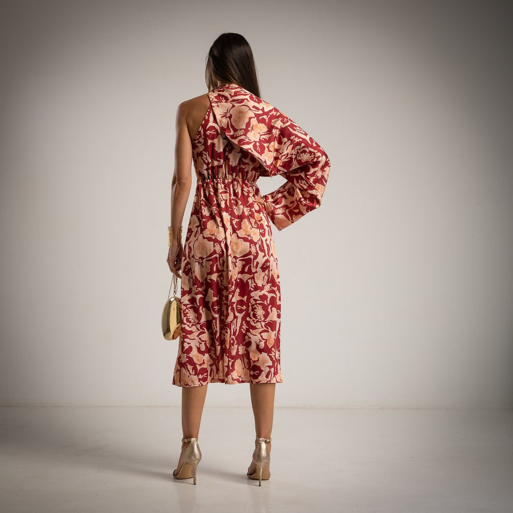 MARIΓIOÚ floral midi dress burgundy back view with bolero – Autumn fashion 2025