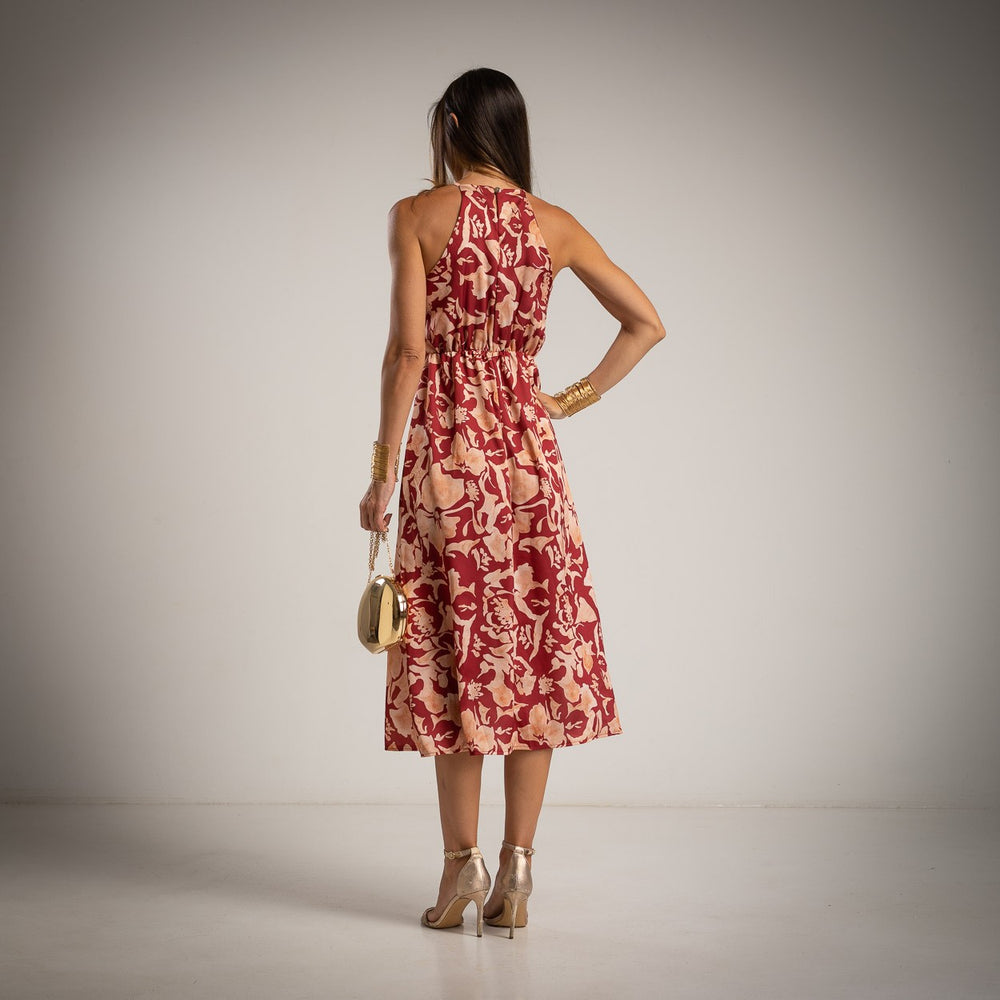 MARIΓIOÚ floral midi dress burgundy halter back view – elegant floral design
