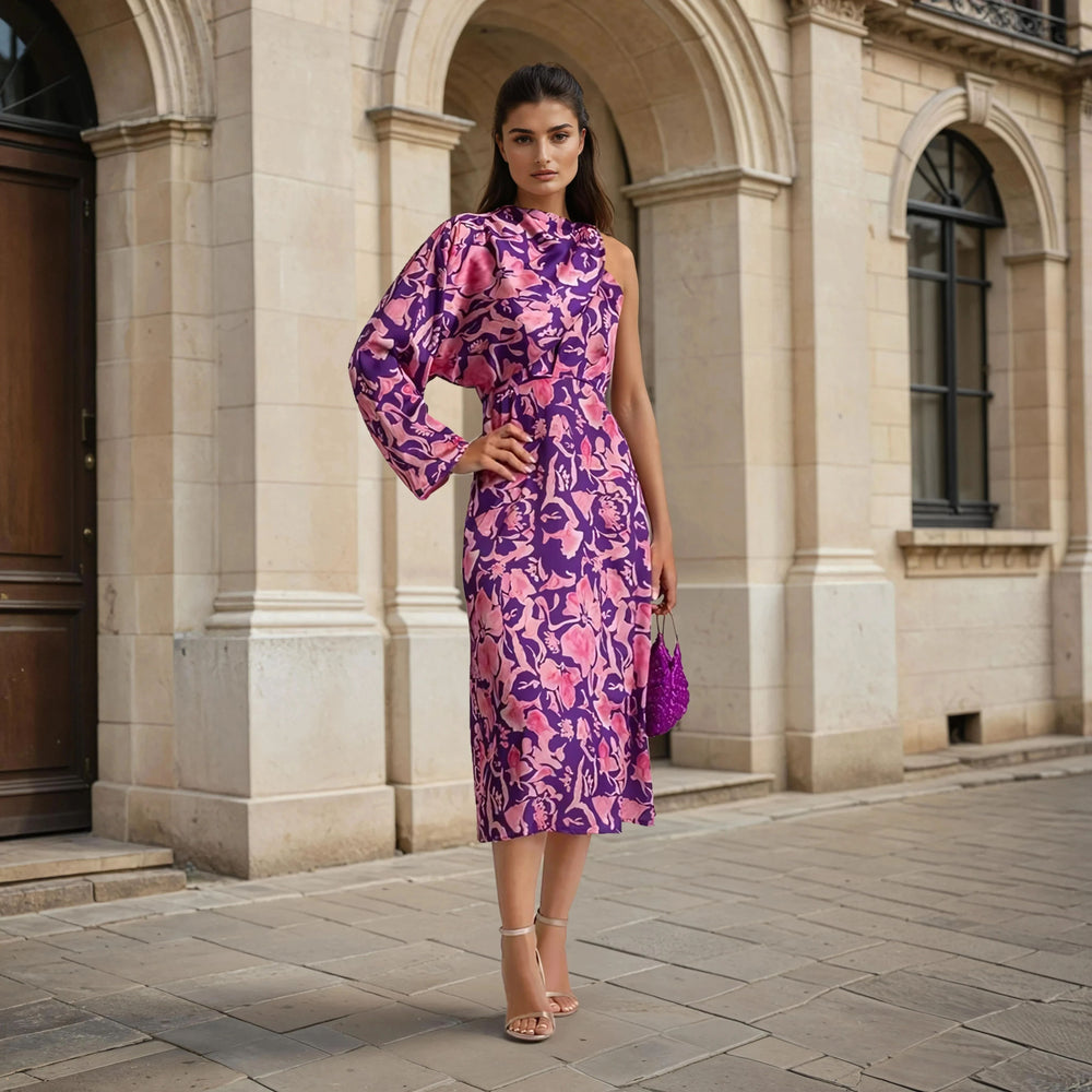MARIΓIOÚ floral midi dress purple with one-shoulder bolero – elegant autumn look