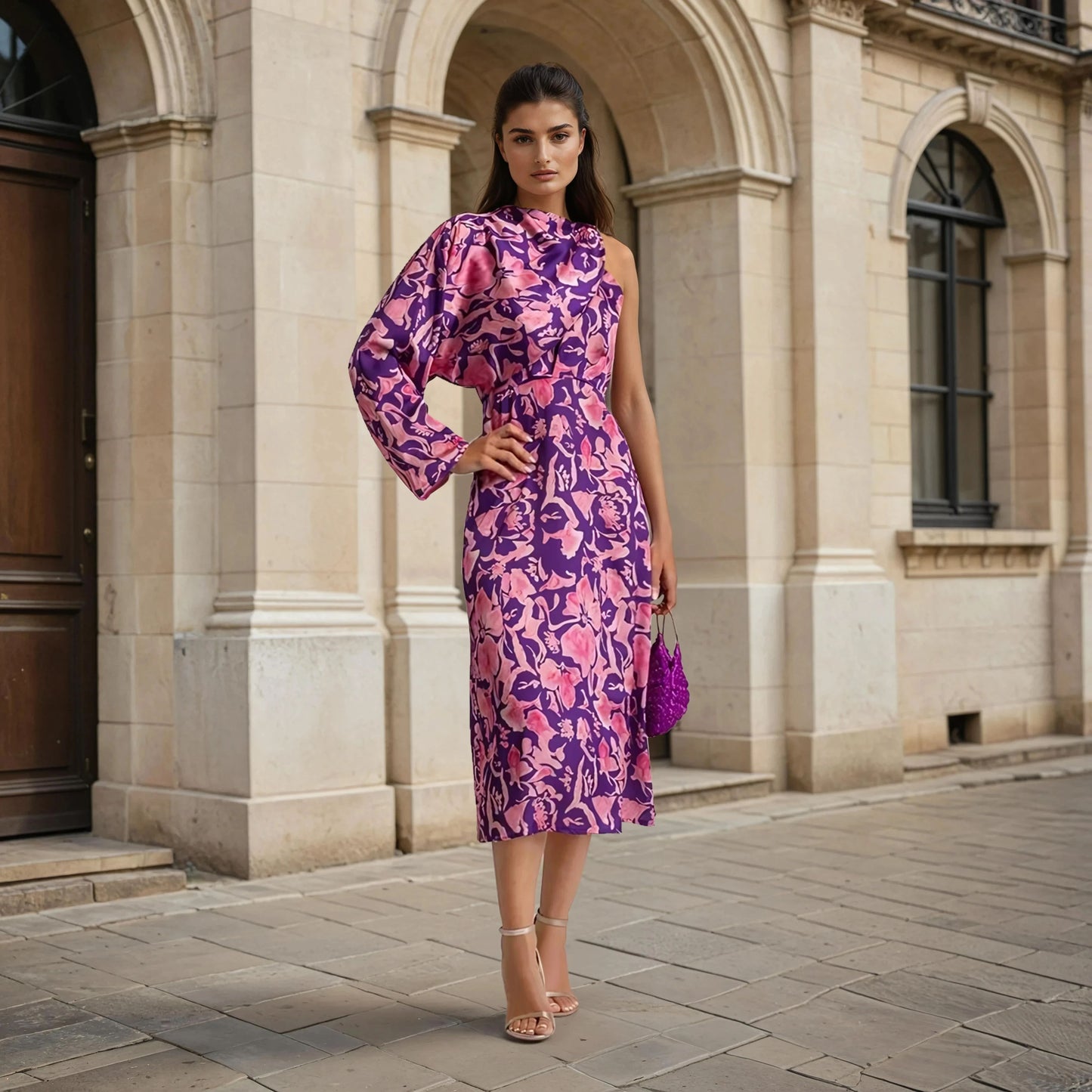 MARIΓIOÚ floral midi dress purple with one-shoulder bolero – elegant autumn look