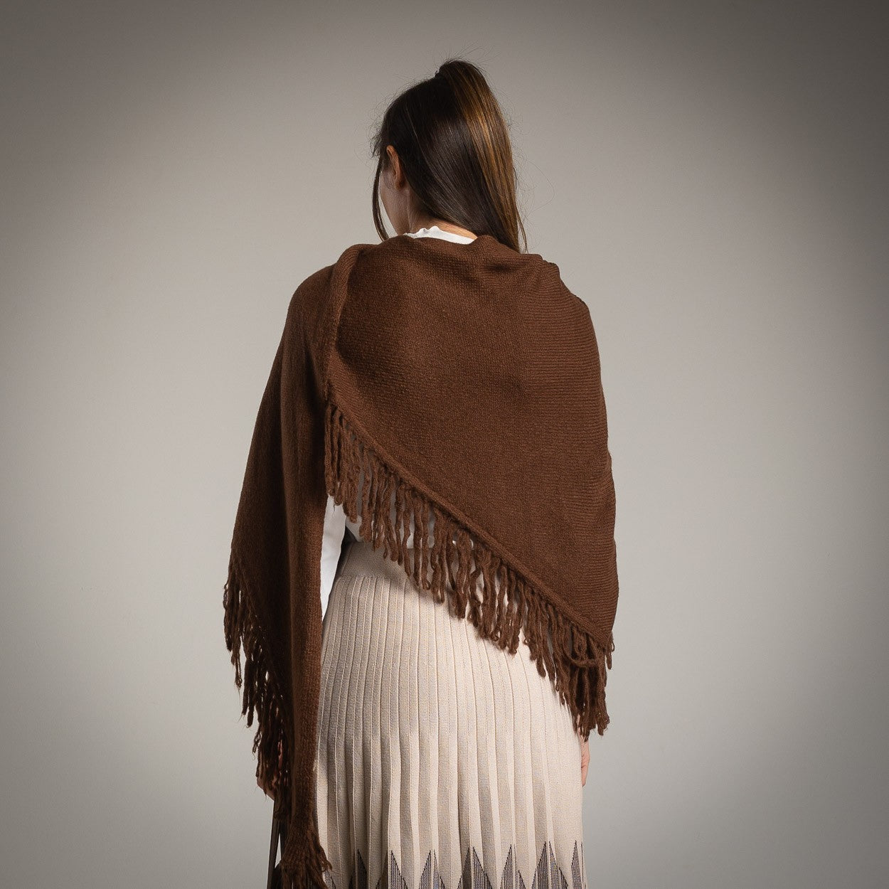 Chocolate fringed knit shawl – back view