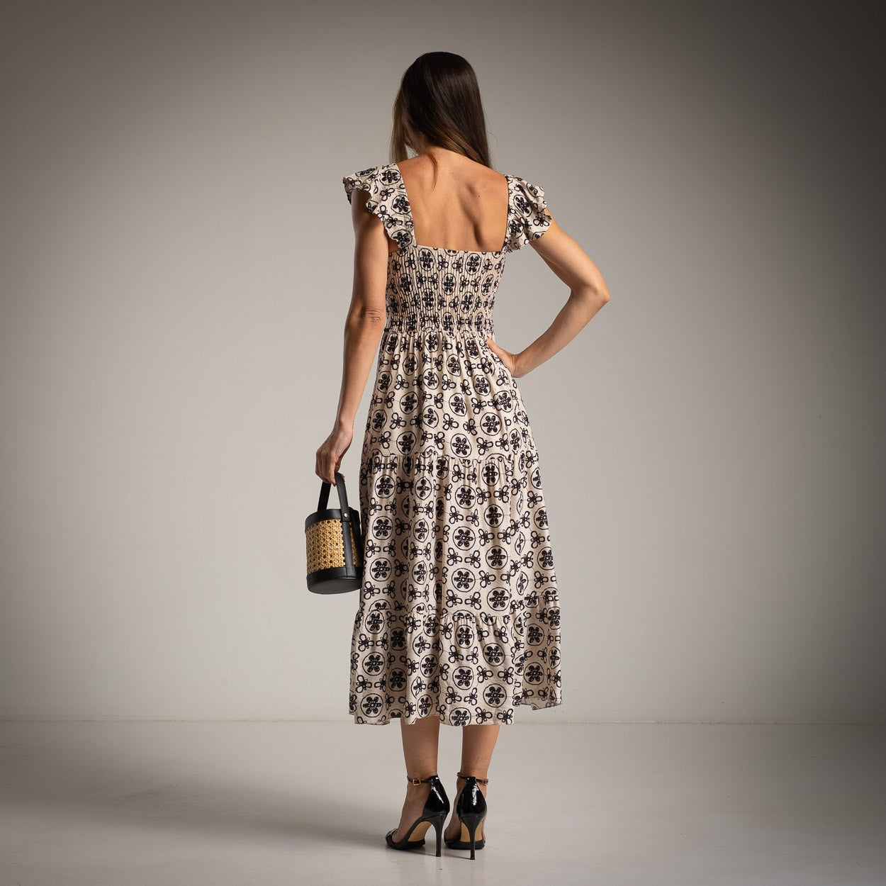 MARIΓIOÚ ivory white midi dress with black floral print back view