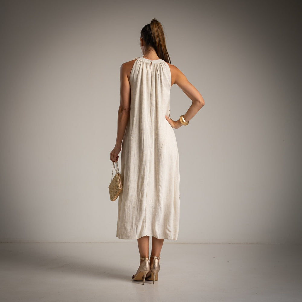Back view of linen-viscose halterneck dress – MARIΓIOÚ