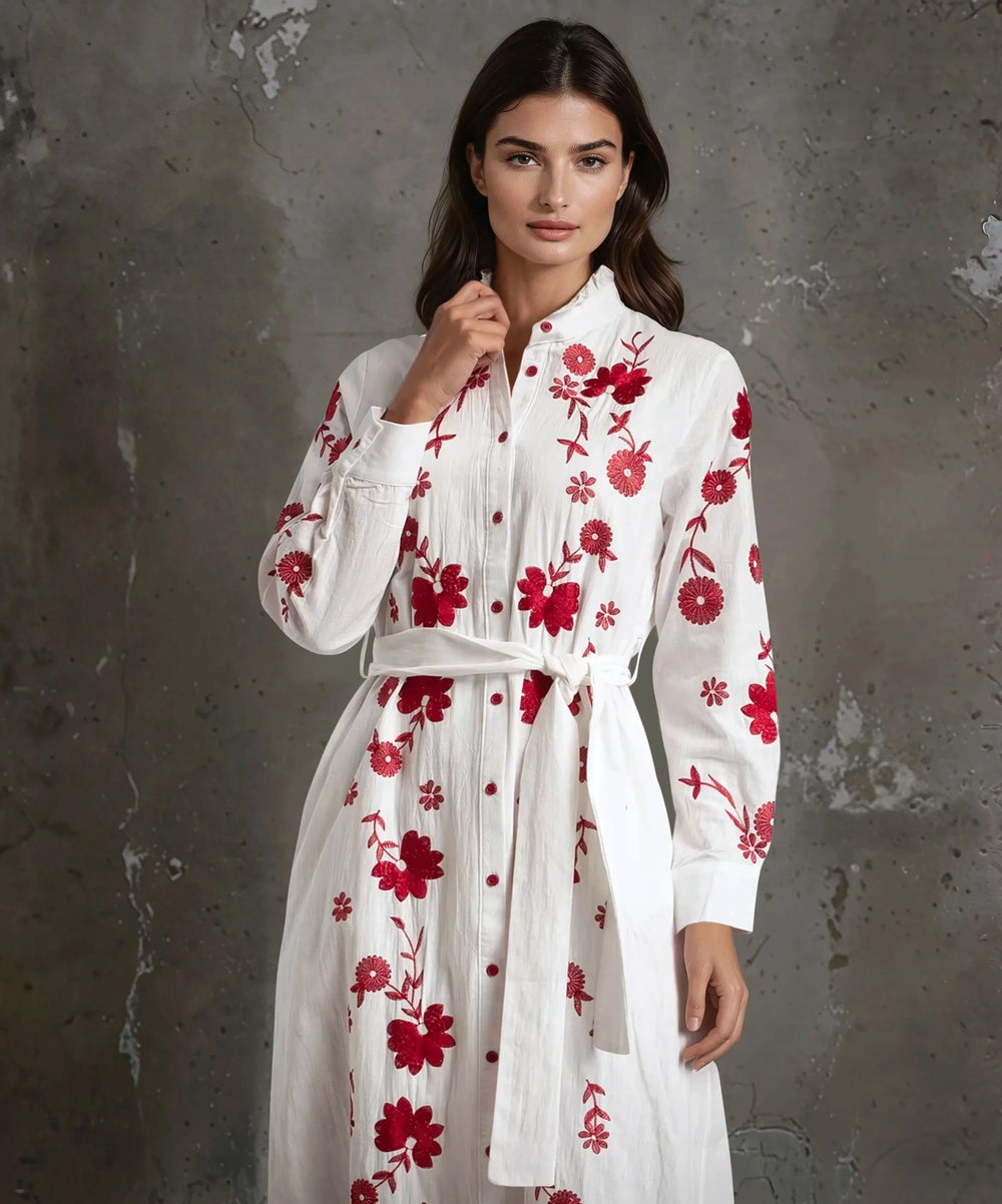 Front view of embroidered cotton long sleeve dress with belt – MARIΓIOÚ