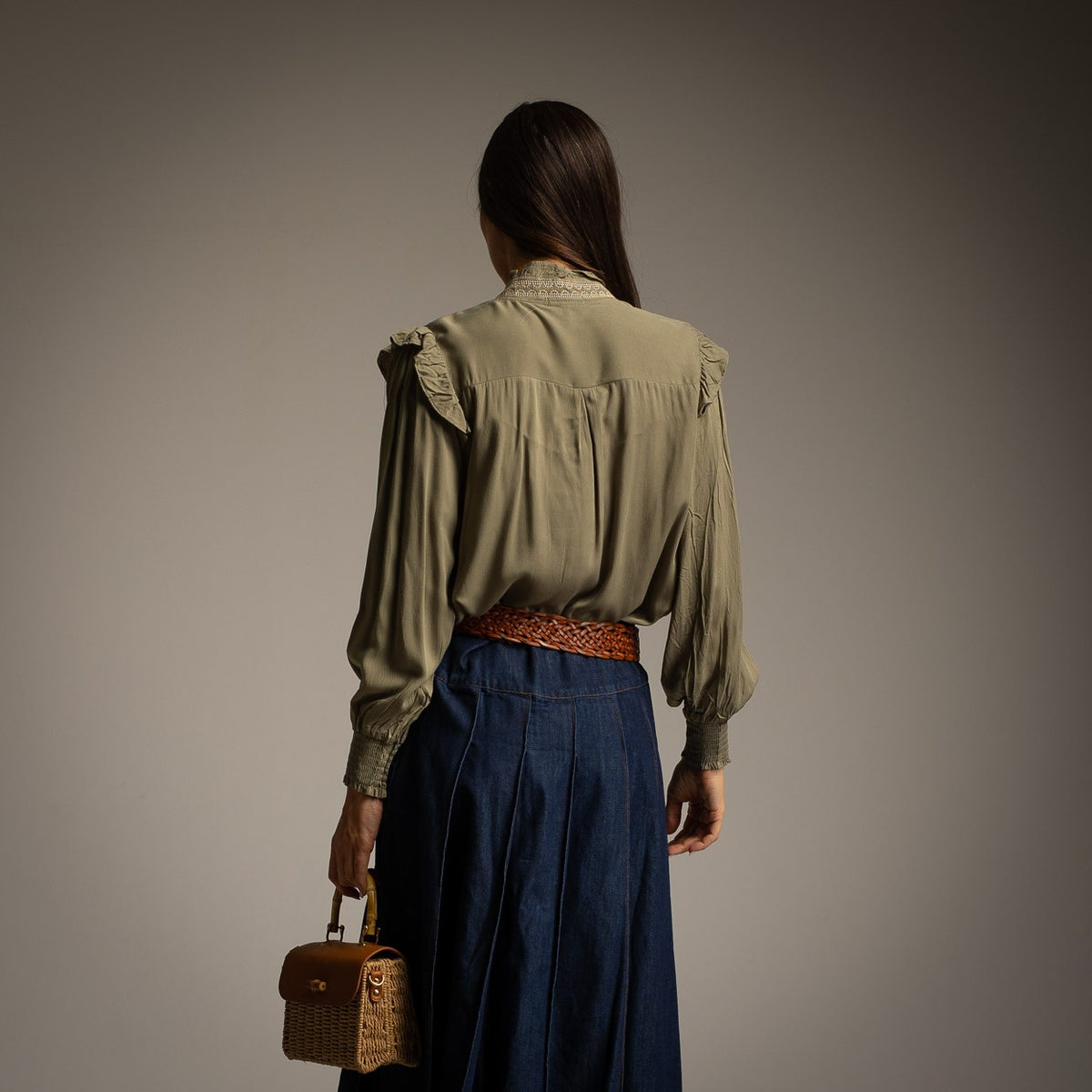 Olive Grove embroidered ruffle blouse with balloon sleeves - back view