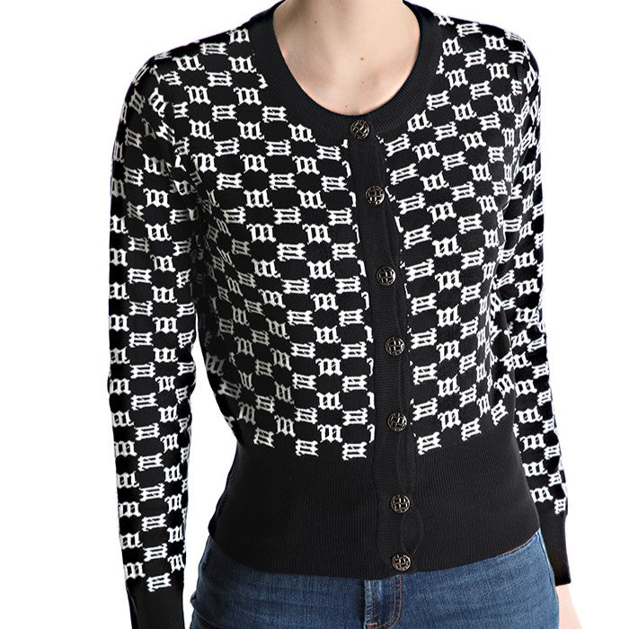 Black White monogram knit cardigan with round neckline and button front - front view