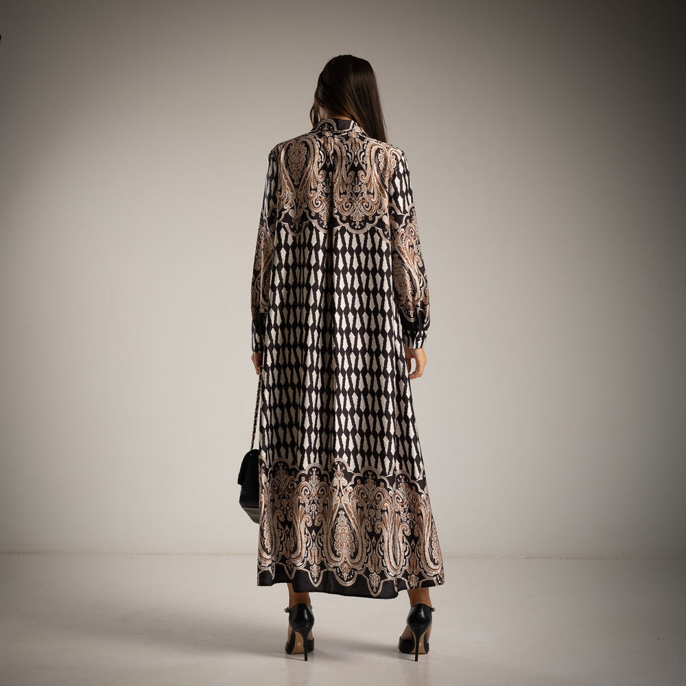 Back view of elegant black maxi dress with baroque border – Made in Italy | MARIΓIOÚ