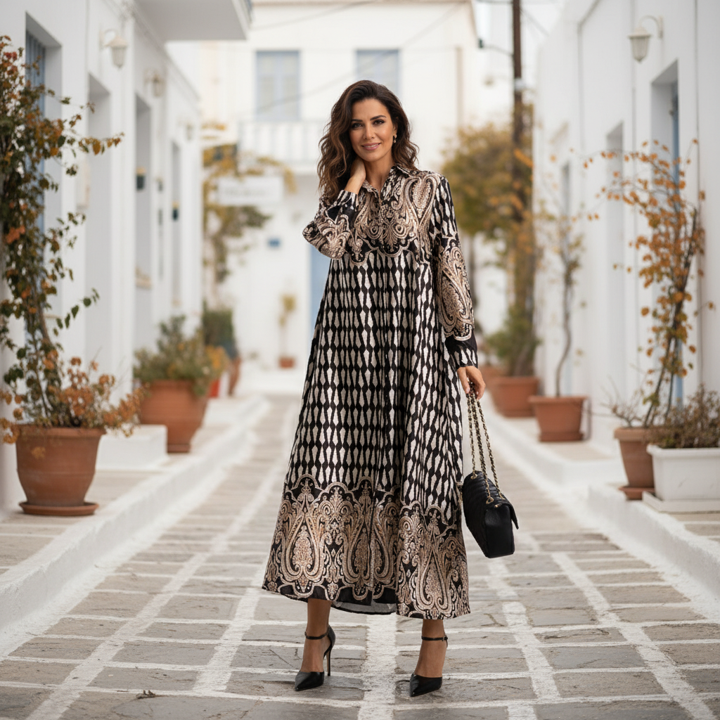 Elegant black patterned maxi dress with paisley print – front view | MARIΓIOÚ