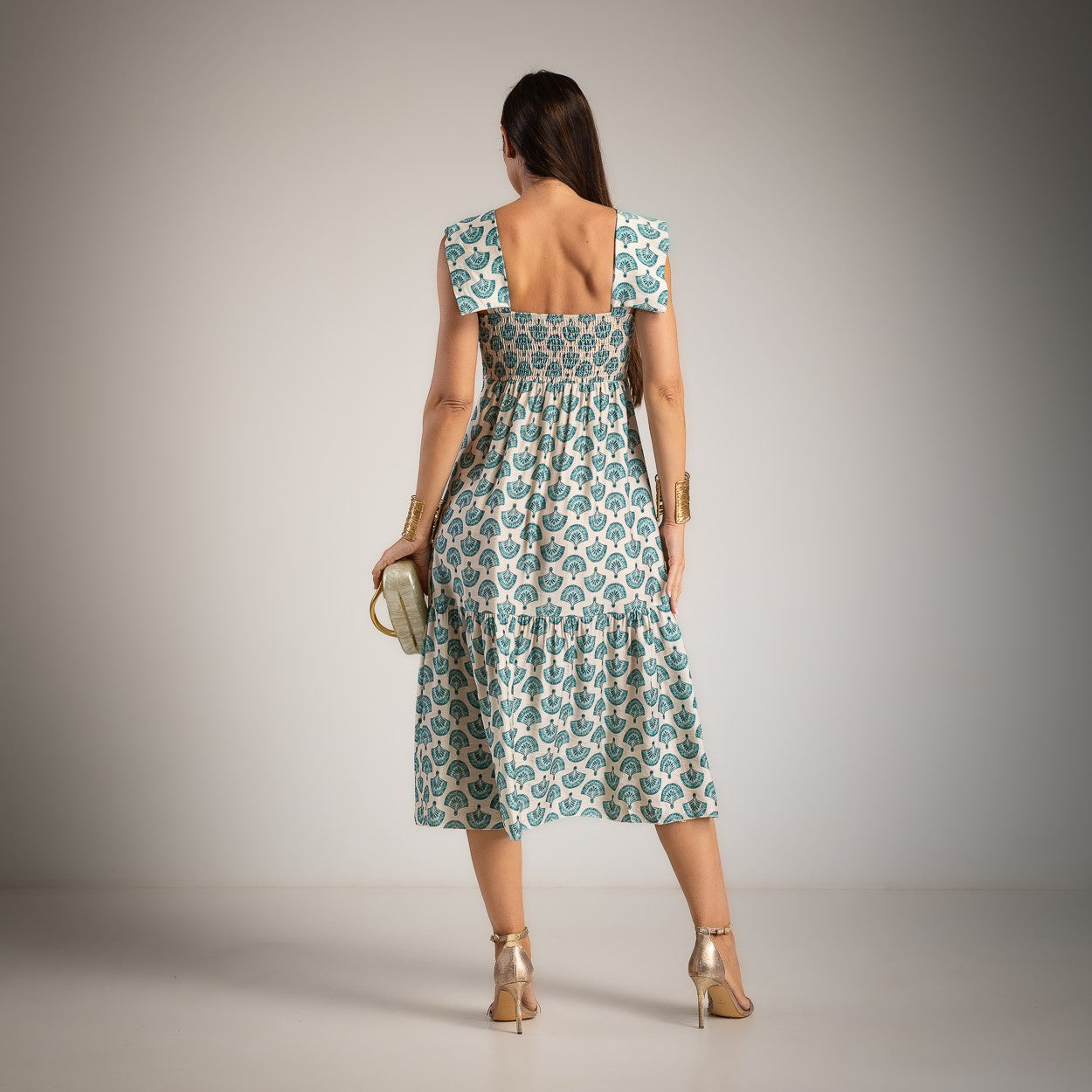 Back view of Ocean Mosaic Mediterranean print midi dress with elasticated back