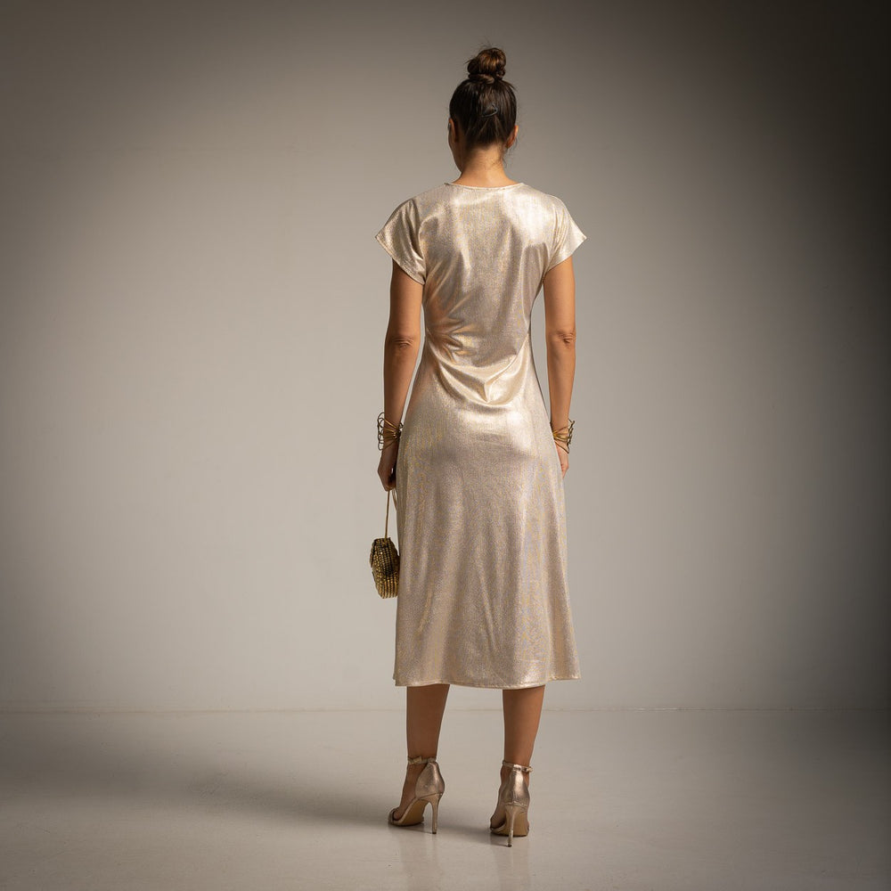 MARIΓIOÚ metallic shimmer midi dress beige back view