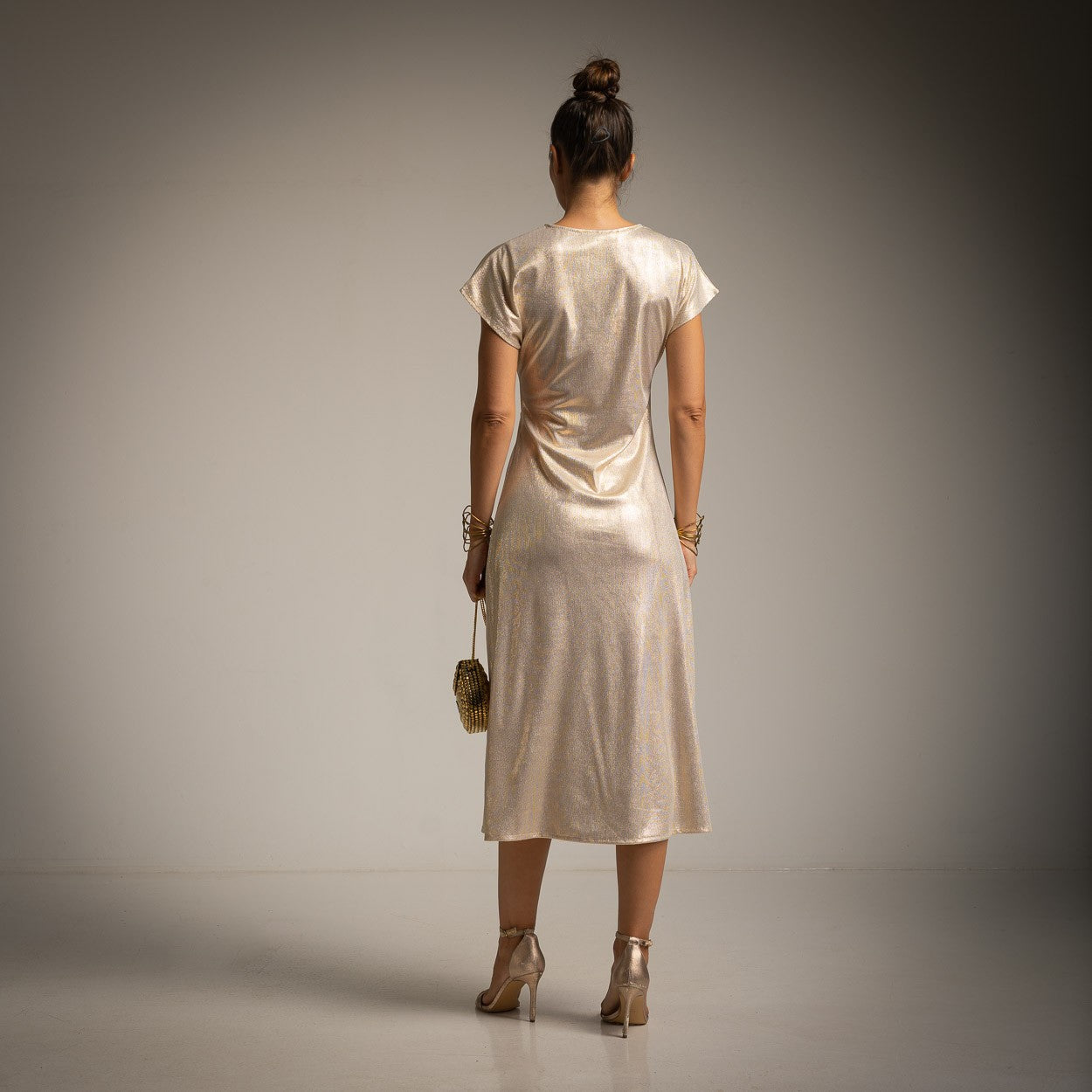 MARIΓIOÚ metallic shimmer midi dress beige back view