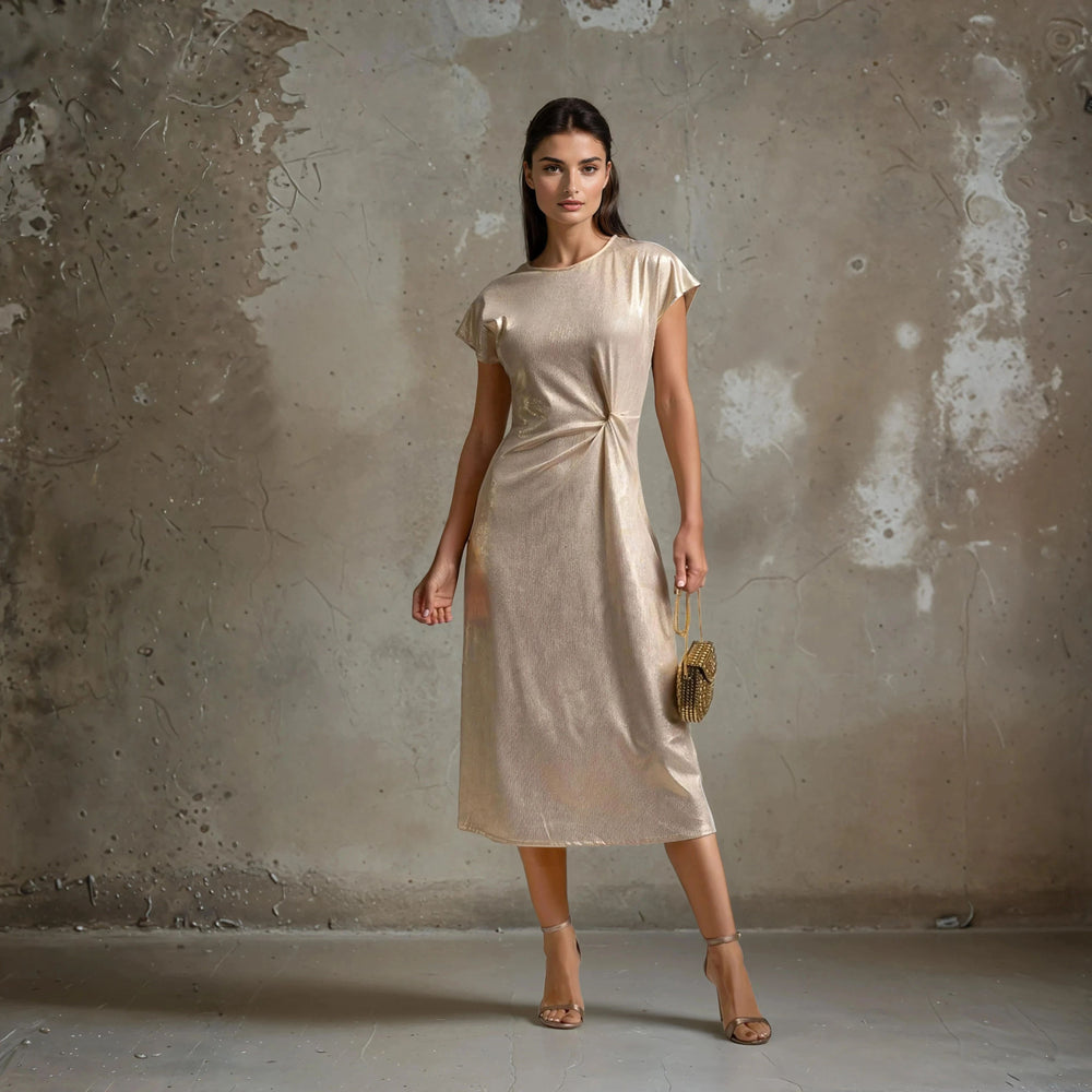 MARIΓIOÚ metallic shimmer midi dress beige full length