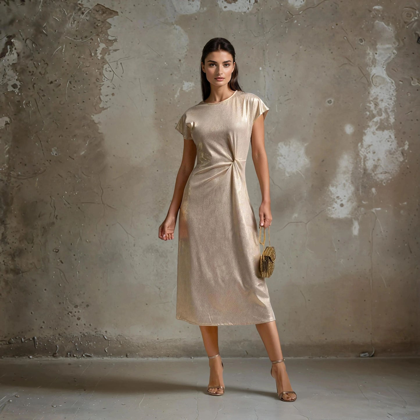 MARIΓIOÚ metallic shimmer midi dress beige full length