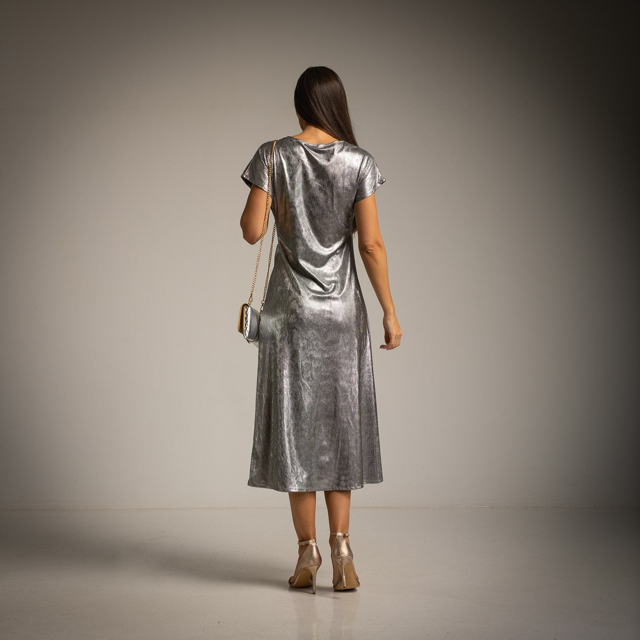 MARIΓIOÚ metallic shimmer midi dress silver back view