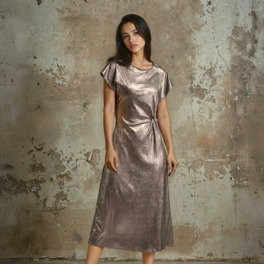 MARIΓIOÚ metallic shimmer midi dress silver close-up front