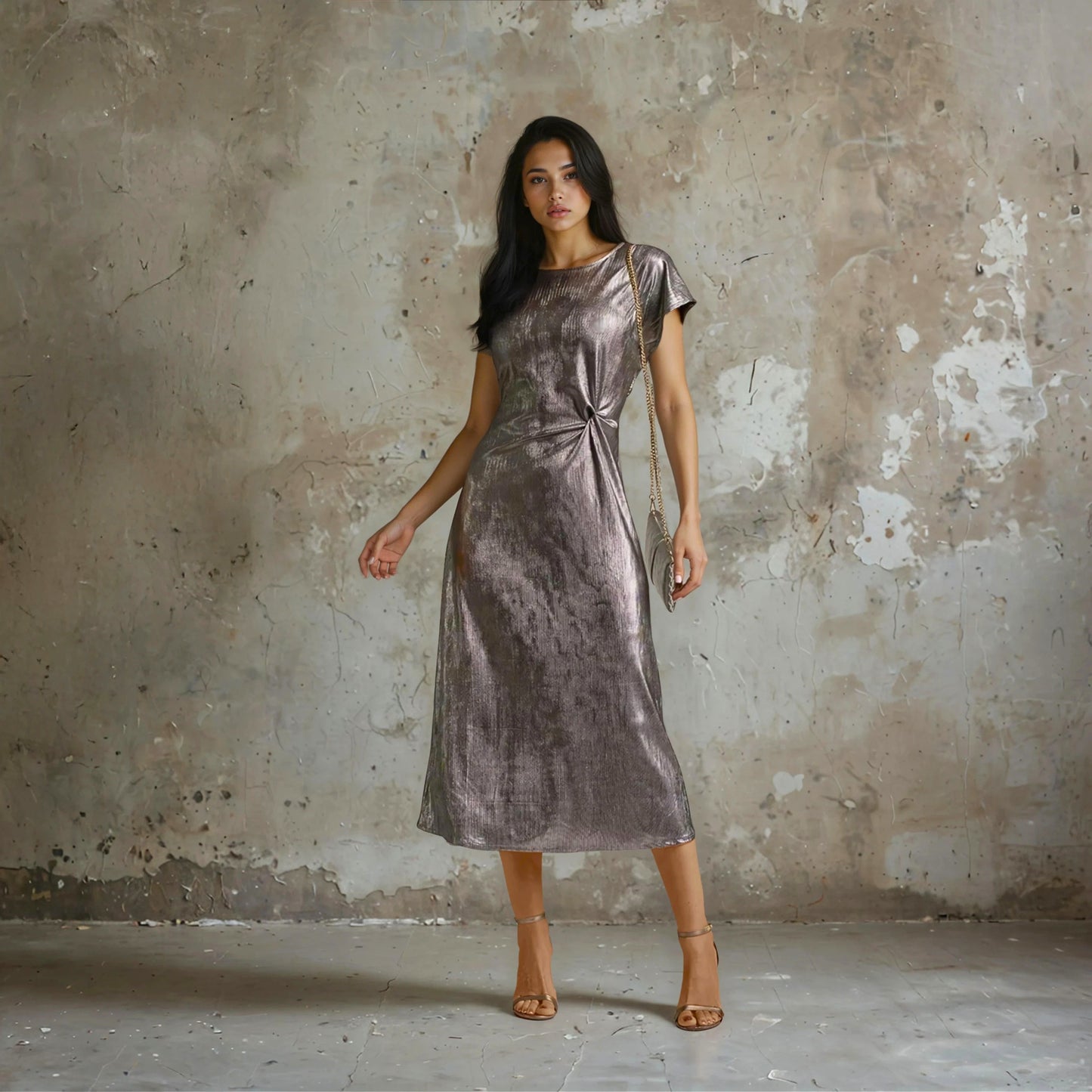 MARIΓIOÚ metallic shimmer midi dress silver full body view