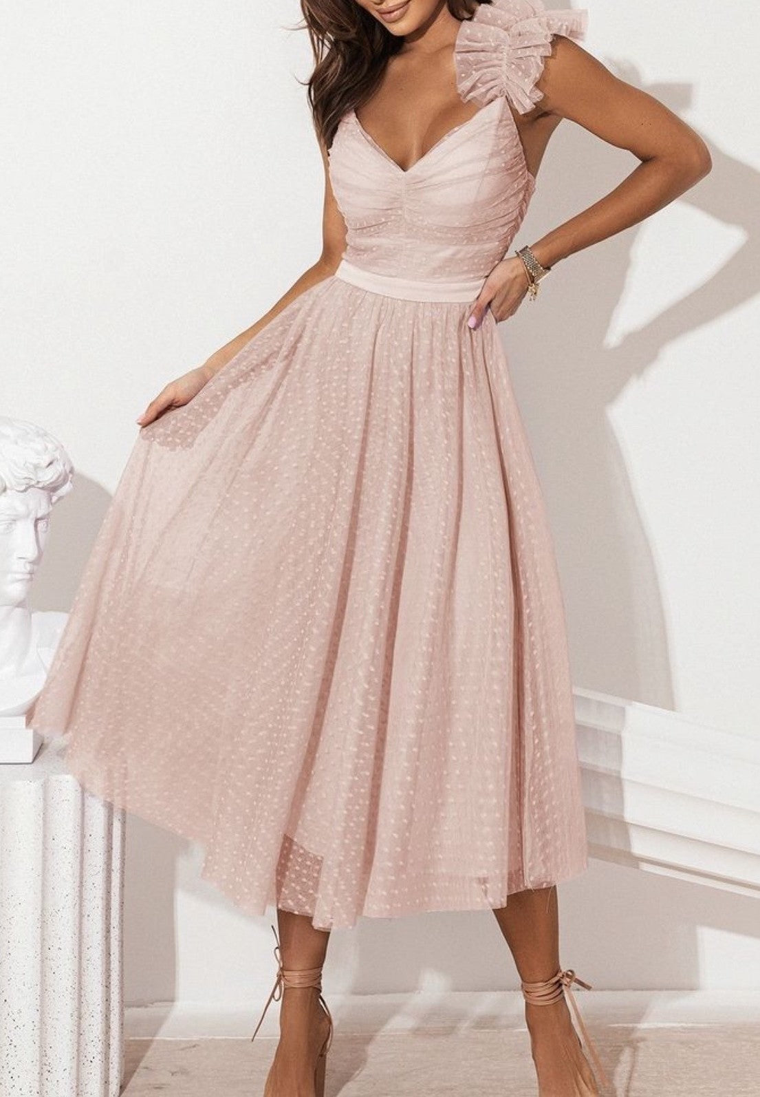 Romantic nude tulle midi dress with ruched bodice and ruffled strap MARIΓIOÚ