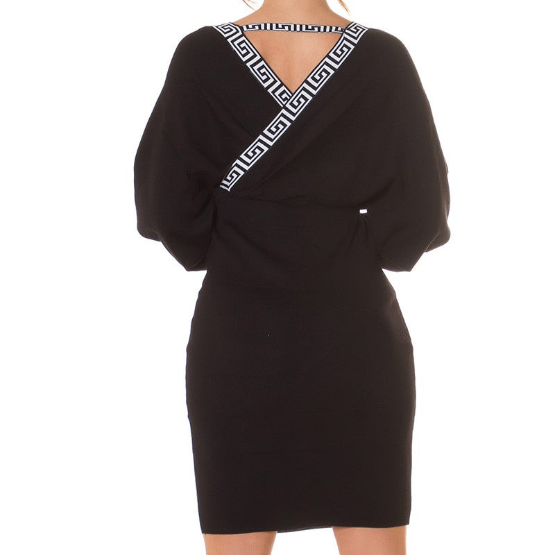 Black knit wrap midi dress with Greek key trim and batwing sleeves - back view