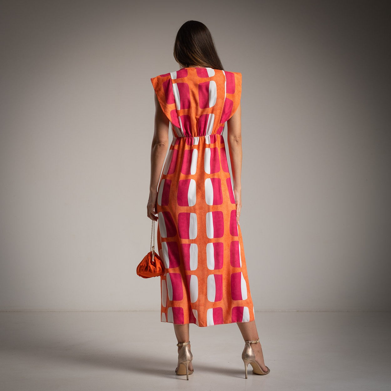 marigiou orange sunset abstract midi dress back view summer fashion