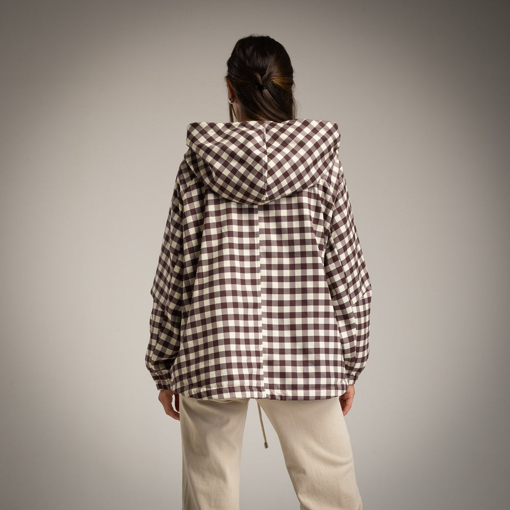 Oversized gingham windbreaker jacket back view with hood – MARIΓIOÚ