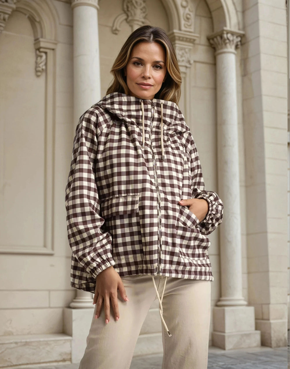 Oversized gingham windbreaker jacket front view – MARIΓIOÚ