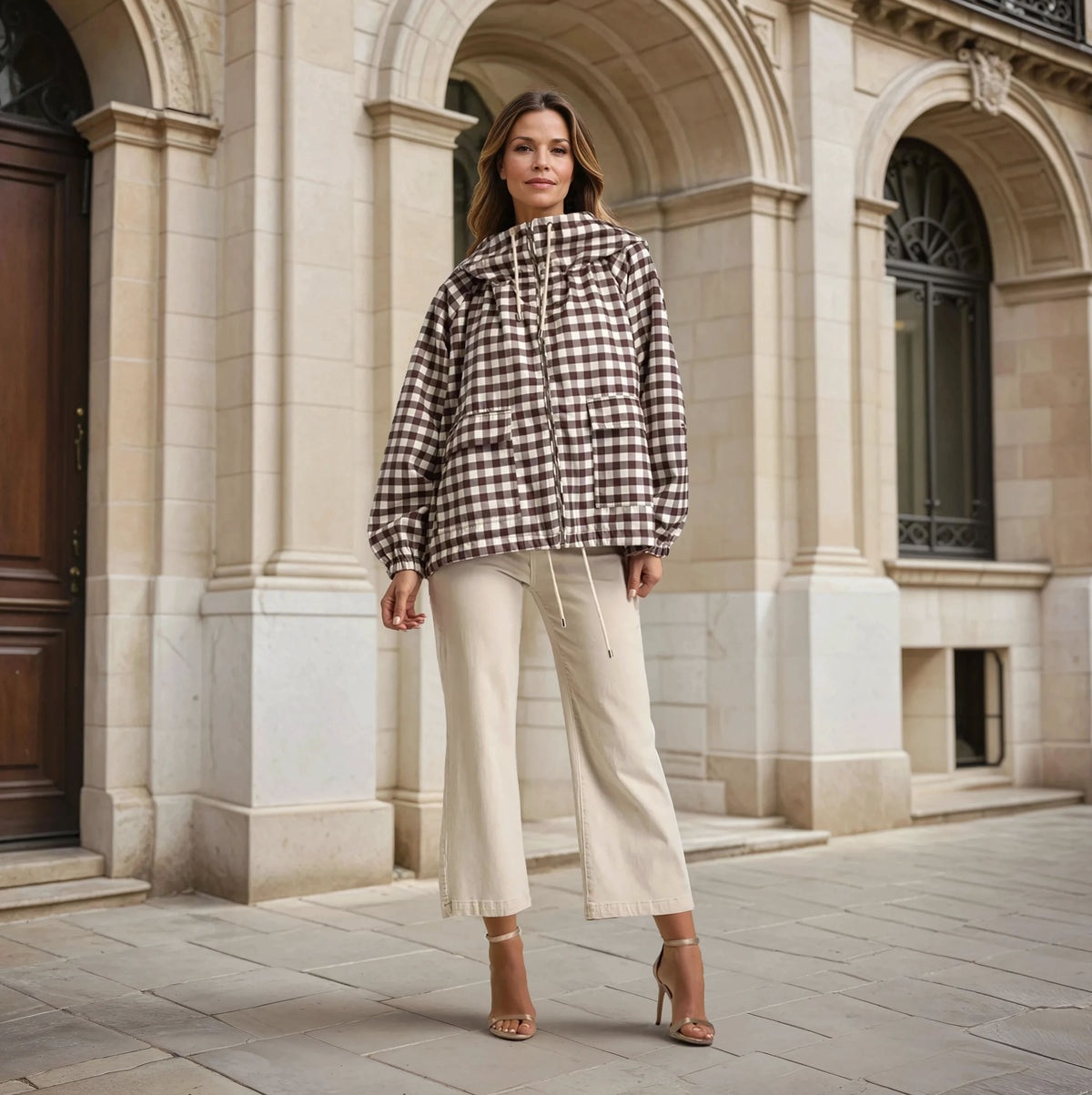 Full outfit with oversized gingham windbreaker jacket styled with beige trousers – MARIΓIOÚ
