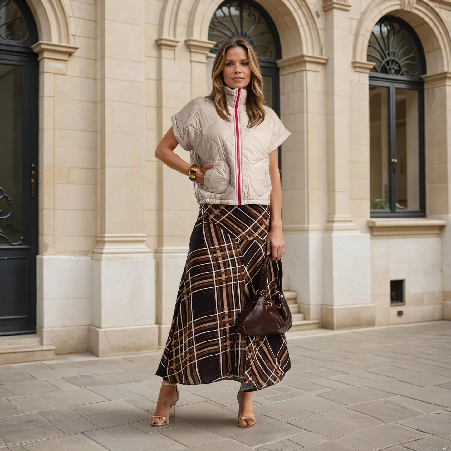 marigiou padded vest with neon zipper in creme – front view