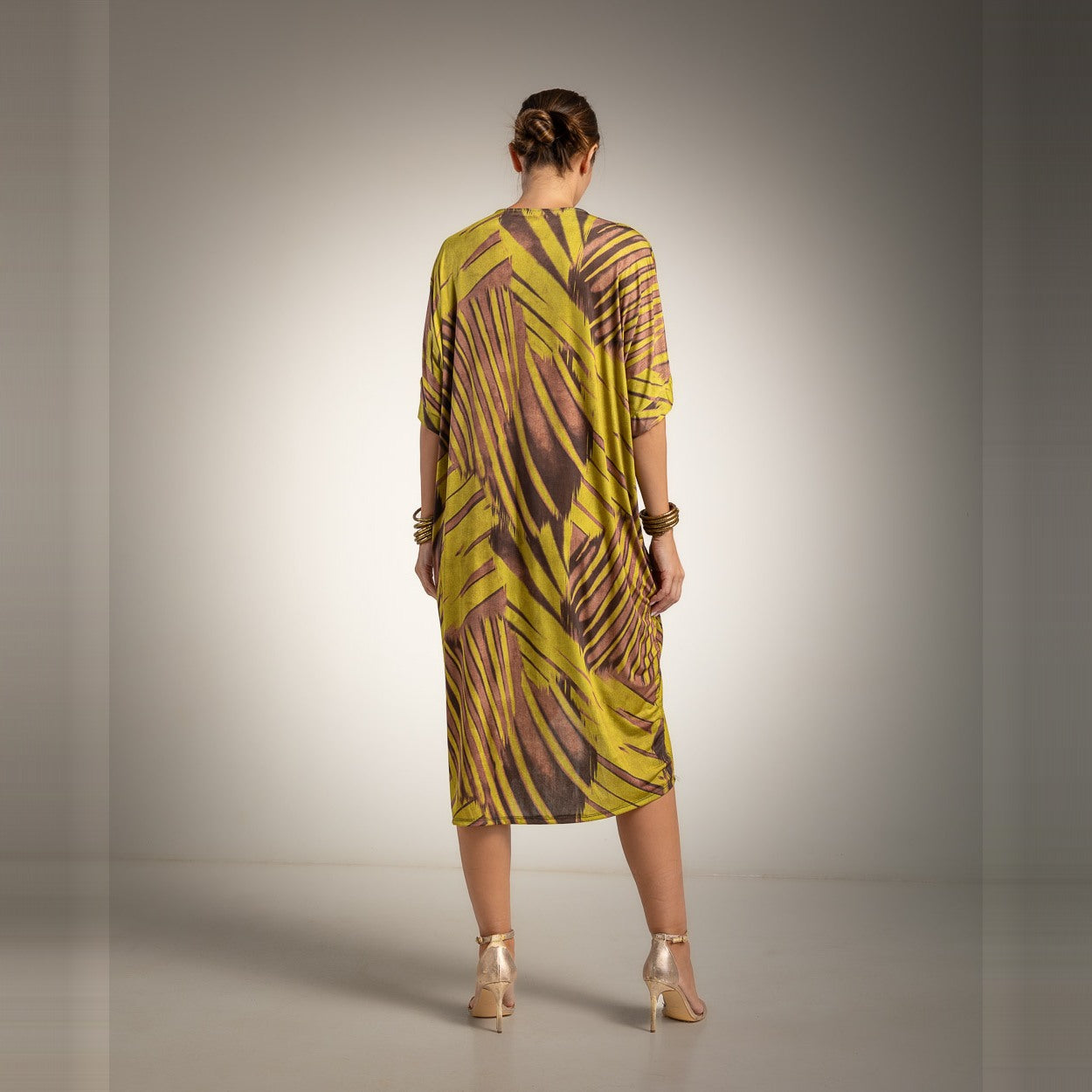 Golden Olive palm print kaftan dress - back view