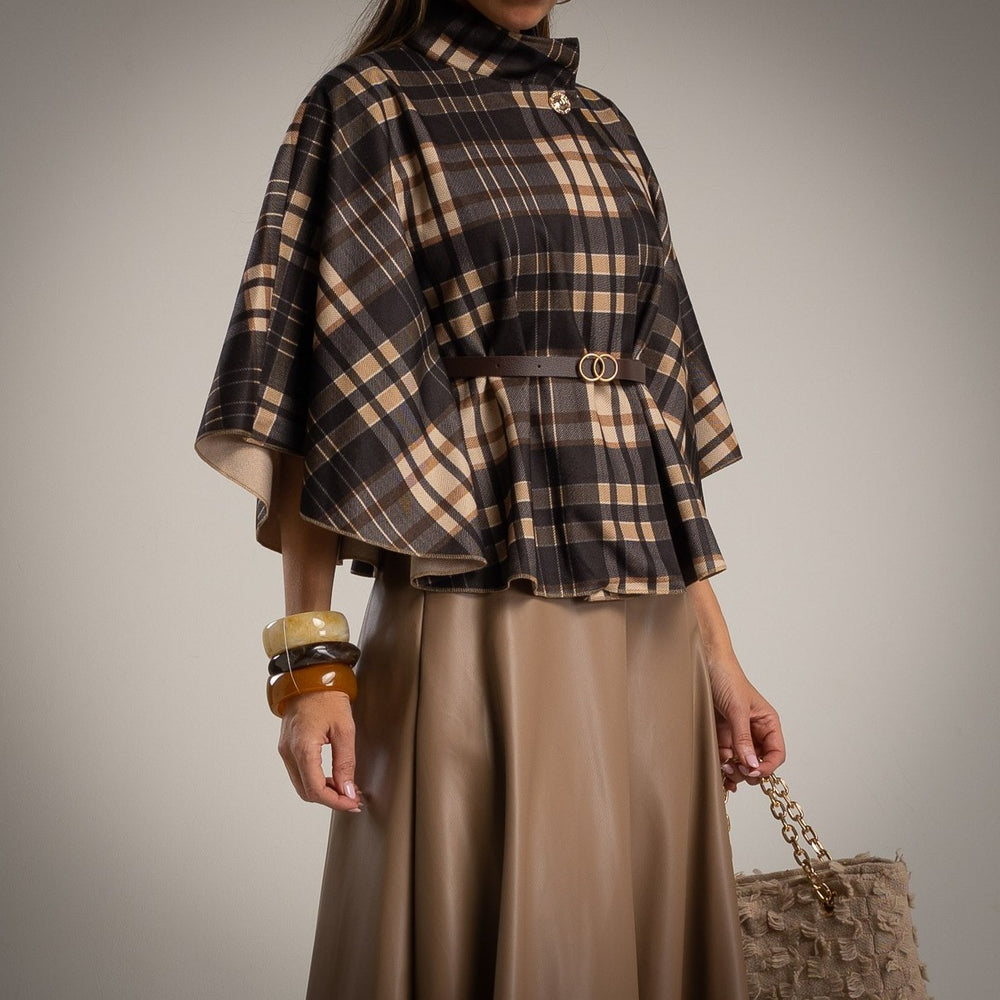 Plaid poncho with belt MARIΓIOÚ front view – elegant autumn winter outfit