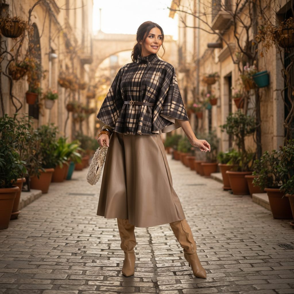 MARIΓIOÚ plaid poncho street style look – beige and brown check pattern