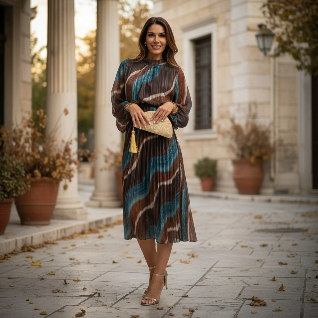 Pleated midi dress in chocolate and teal tones by MARIΓIOÚ – front view outdoor