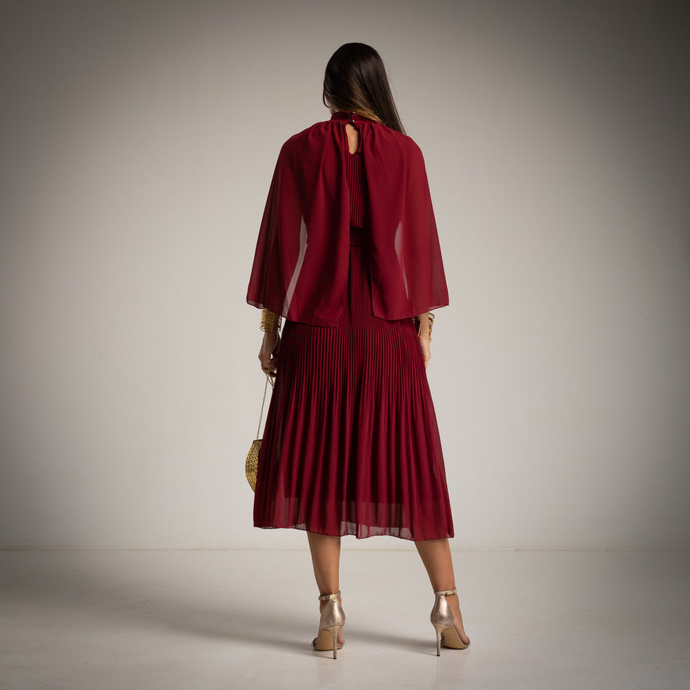 MARIΓIOÚ elegant pleated midi dress with chiffon cape in Granate Bordeaux – back view