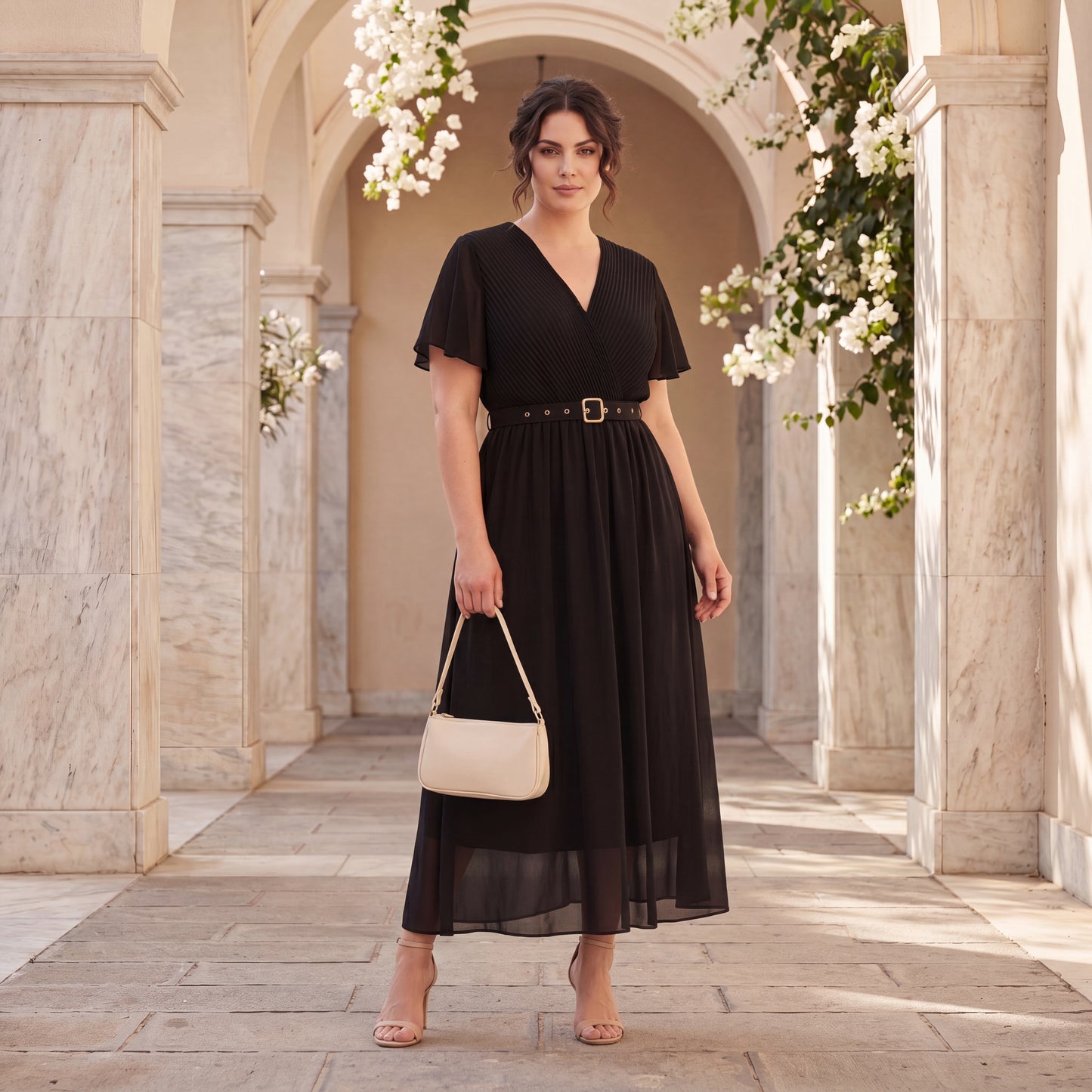 Elegant classic black plus size midi dress with wrap neckline and flowing skirt