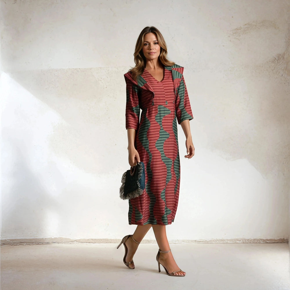 Front view of MARIΓIOÚ retro midi dress with geometric green-red print, Fall 2025 Collection